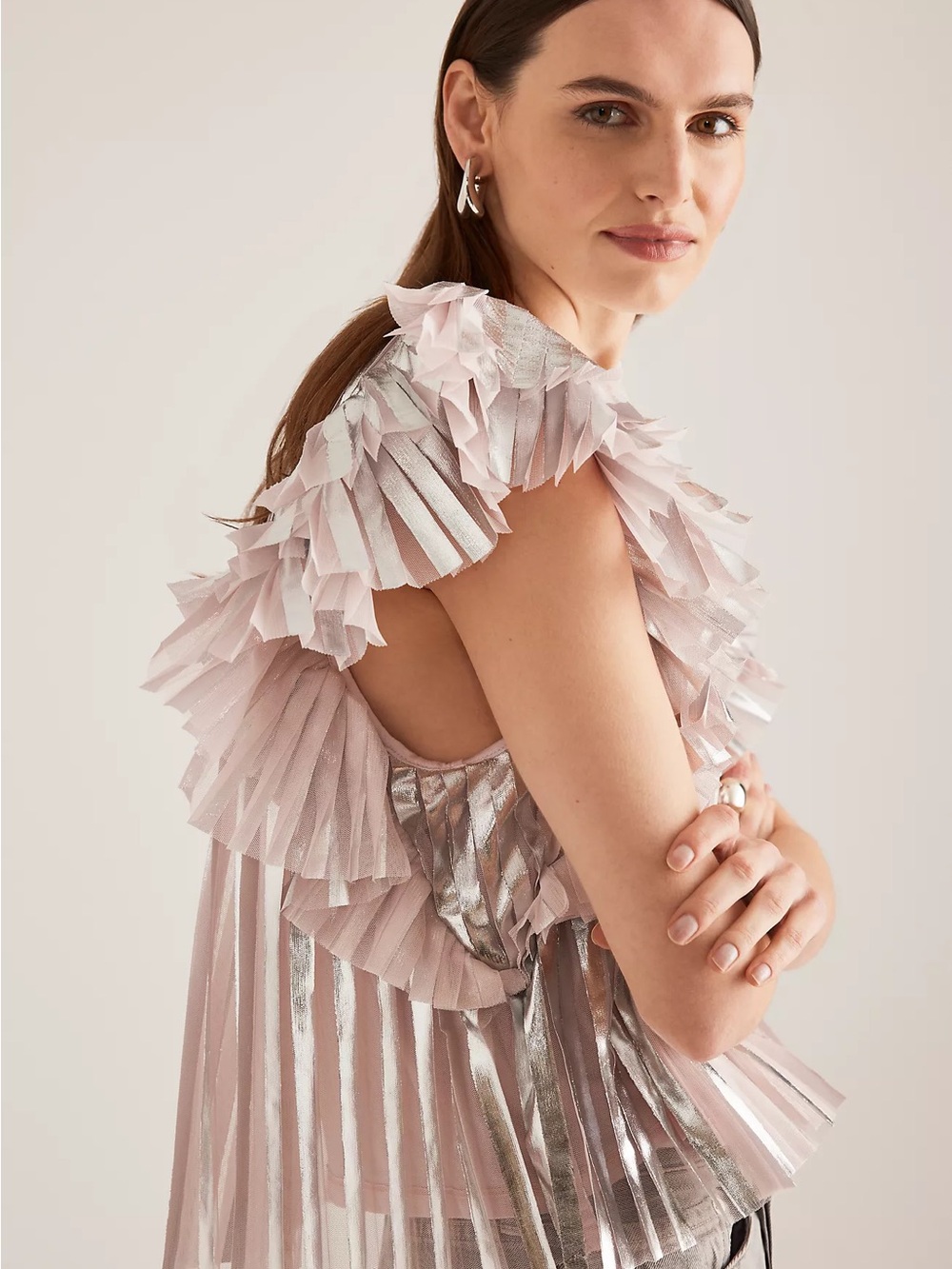 Anthropologie Pleated Foil Top Statement Blouse Metallic Pink Silver Size Small - Picture 9 of 14